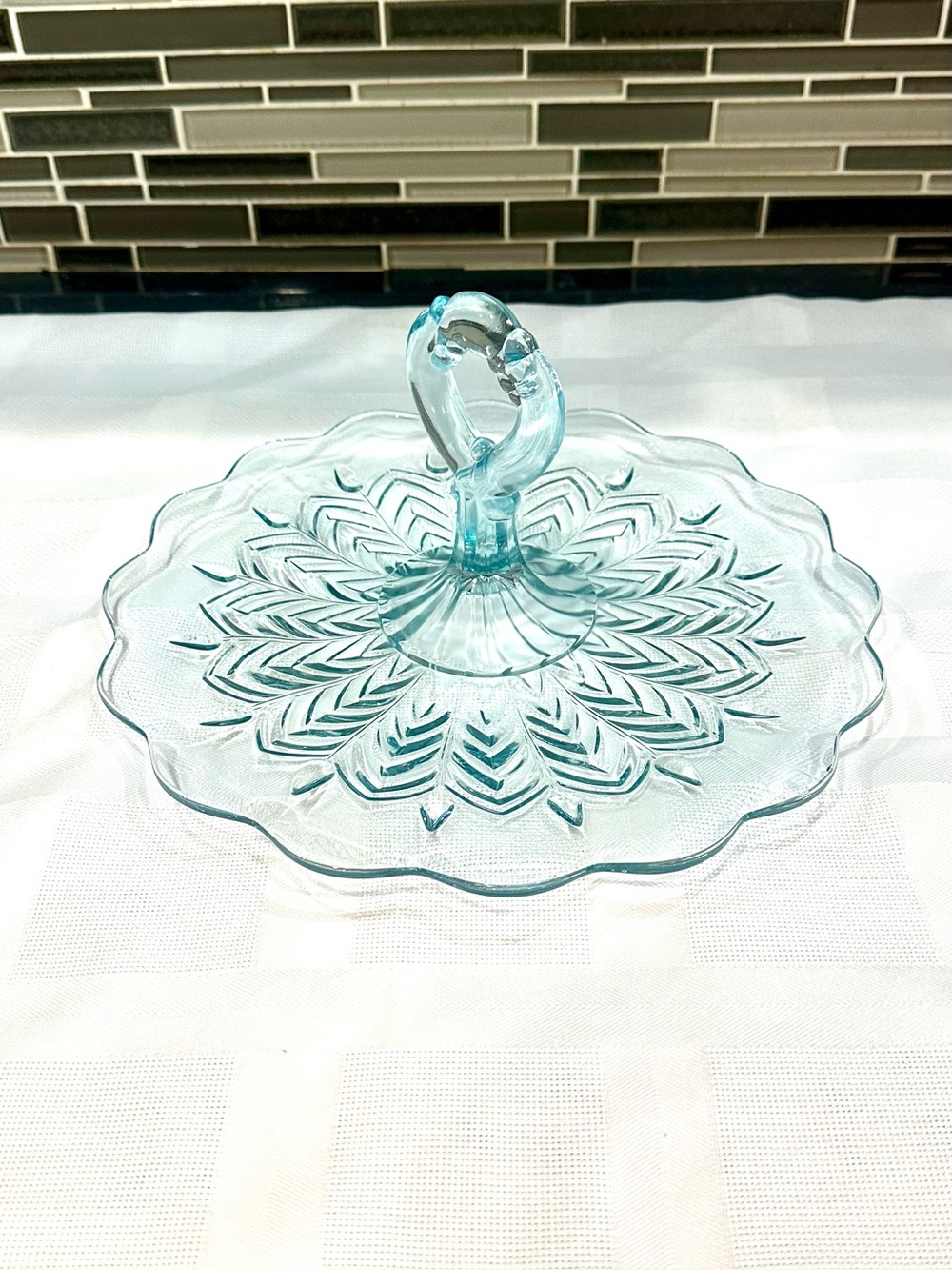 VTG Jeannette Pressed Blue Glass Tidbit Peacock Feather Scalloped Serving Tray